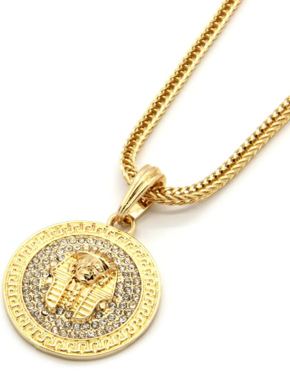 Gold-Plated Iced Out Pharaoh Medallion with 24-Inch Franco Chain